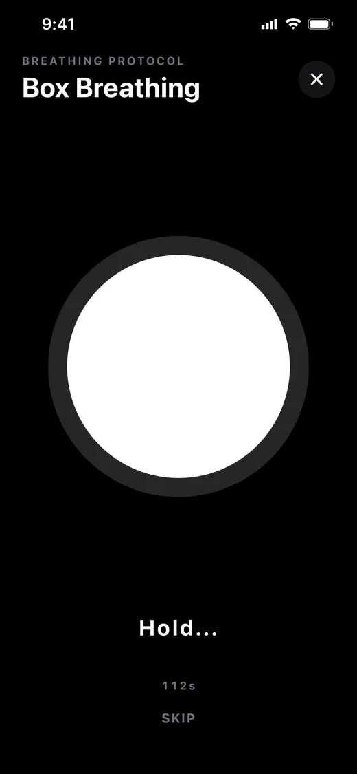 Focusutra box breathing screen with a large white circle and the instruction: Hold.